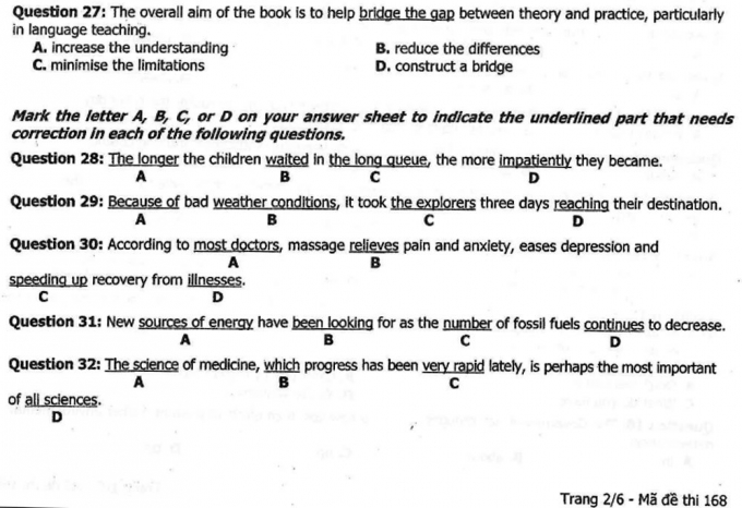 Đề thi v&agrave; đ&aacute;p &aacute;n m&ocirc;n Ngoại ngữ kỳ thi THPT Quốc gia 2016
