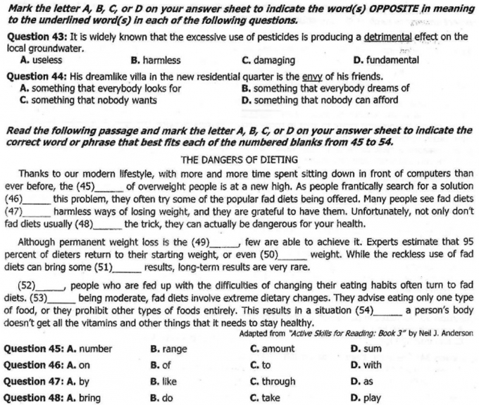 Đề thi v&agrave; đ&aacute;p &aacute;n m&ocirc;n Ngoại ngữ kỳ thi THPT Quốc gia 2016