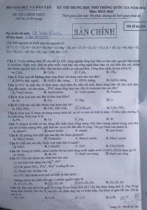 Gợi &yacute; đ&aacute;p &aacute;n đề thi H&oacute;a học kỳ thi THPT Quốc gia 2016