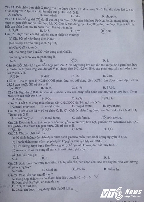 Gợi &yacute; đ&aacute;p &aacute;n đề thi H&oacute;a học kỳ thi THPT Quốc gia 2016