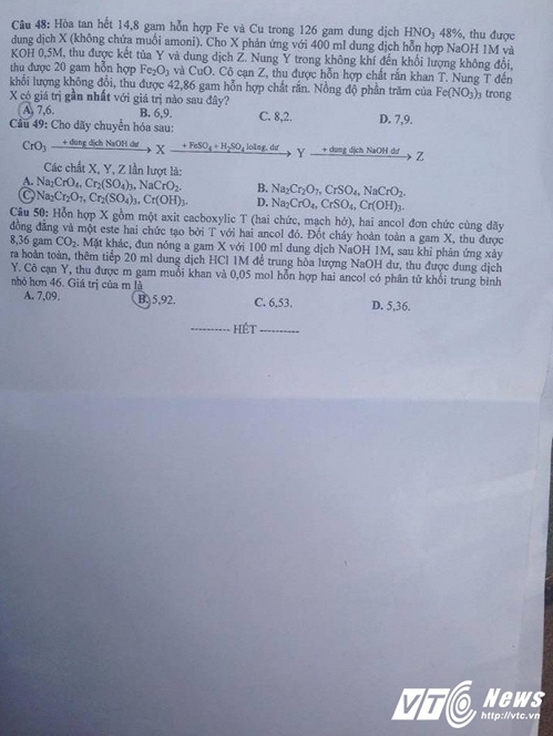 Đề thi m&ocirc;n H&oacute;a học năm 206. VTC News.