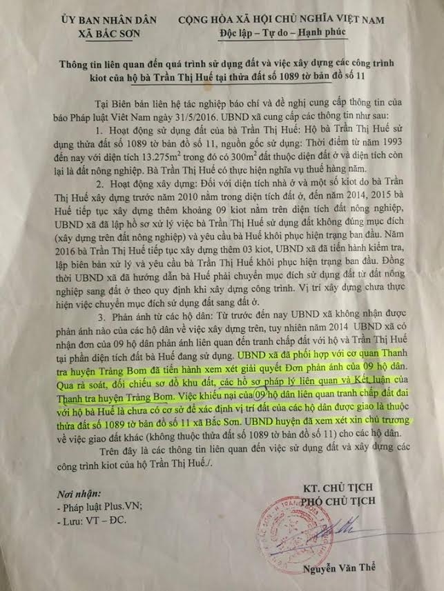 Văn bản trả lời báo chí của UBND xã Bắc Sơn phủ nh&acirc;̣n vi&ecirc;̣c đ&acirc;́t 9 h&ocirc;̣ d&acirc;n khi&ecirc;́u nại kh&ocirc;ng li&ecirc;n quan đ&acirc;́t h&ocirc;̣ bà Hu&ecirc;́