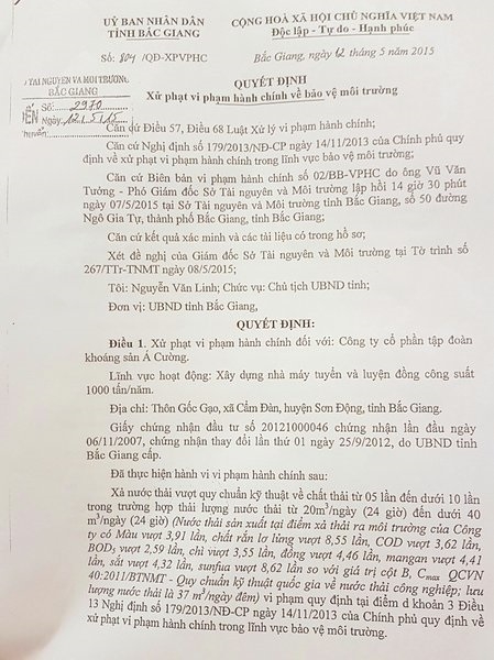 Bản Quyết định xử phạt h&agrave;nh ch&iacute;nh Cty &Aacute; Cường việc kh&ocirc;ng bảo đảm về m&ocirc;i trường hơn 200 triệu đồng.