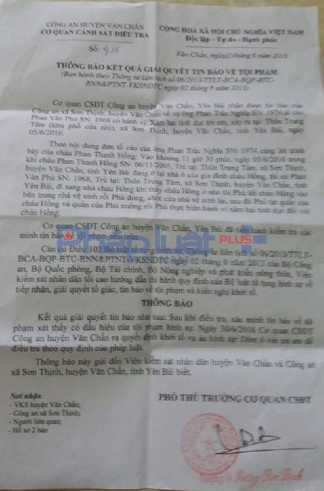 Th&ocirc;ng b&aacute;o kết quả giải quyết của C&ocirc;ng an huyện Văn Chấn đối với đối tượng Phan Văn Ph&uacute; về h&agrave;nh vi d&acirc;m &ocirc; trẻ em.