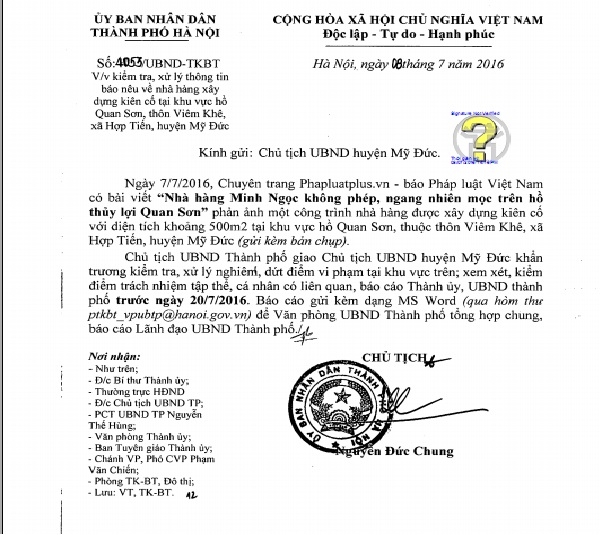 Ngay sau khi b&agrave;i viết được đăng tải, Chủ tịch UBND TP đ&atilde; ra c&ocirc;ng văn l&agrave;m r&otilde; sự việc.