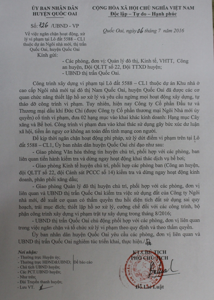 Văn bản chỉ đạo của UBND huyện Quốc Oai y&ecirc;u cầu dừng ngay hoạt động của 2 c&ocirc;ng tr&igrave;nh sai phạm.