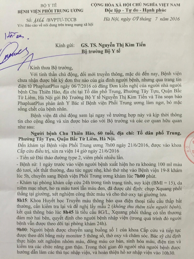 &nbsp;C&ocirc;ng văn ph&uacute;c đ&aacute;p Bệnh viện Phổi Trung ương gửi T&ograve;a soạn Ph&aacute;p luật Plus.