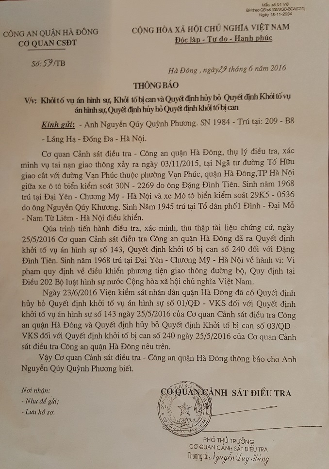 Th&ocirc;ng b&aacute;o về việc hủy bỏ quyết định khởi tố vụ &aacute;n, khởi tố bị can.