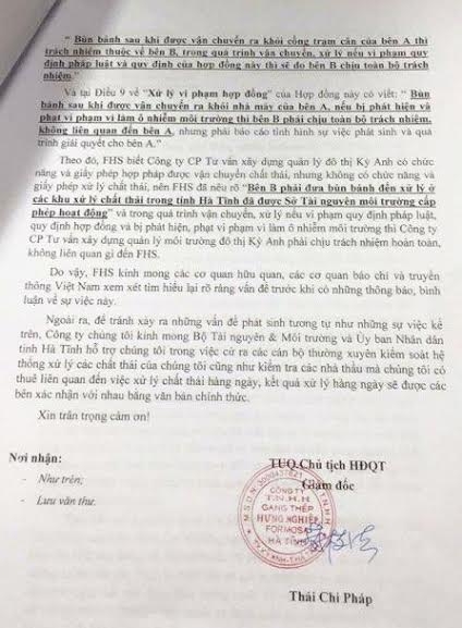 Văn bản giải tr&igrave;nh việc Formosa k&yacute; hợp đồng với C&ocirc;ng ty M&ocirc;i trường, đ&ocirc; thị Kỳ Anh, gạt bỏ tr&aacute;ch nhiệm h&agrave;ng trăm tấn chất thải ch&ocirc;n trong vườn &ocirc;ng GĐ.