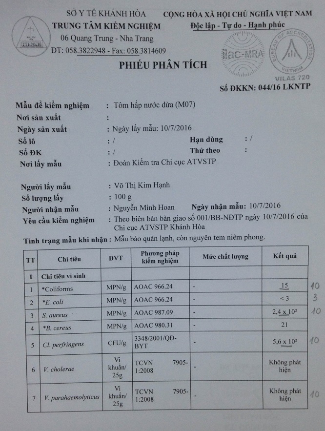 Phiếu ph&acirc;n t&iacute;ch, x&eacute;t nghiệm thực phẩm.