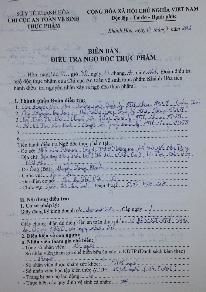 Bi&ecirc;n bản điều tra ngộ độc thực phẩm.