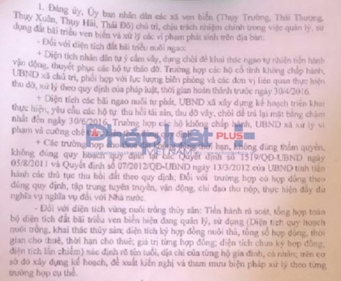 Kết luận của Chủ tịch UBND huyện Th&aacute;i Thụy (tỉnh Th&aacute;i B&igrave;nh) tại cuộc họp b&aacute;o c&aacute;o t&igrave;nh h&igrave;nh c&ocirc;ng t&aacute;c quản l&yacute;, sử dụng b&atilde;i triều ven biển ng&agrave;y 28/4. &nbsp;