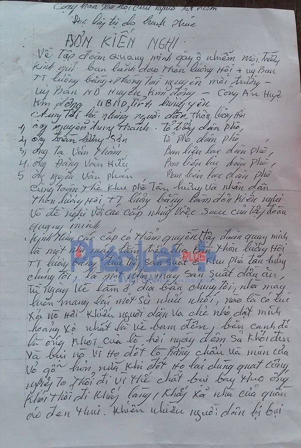 Đơn tố c&aacute;o của người d&acirc;n gửi tới c&aacute;c cơ quan ban ng&agrave;nh về việc tập đo&agrave;n QMC xả kh&oacute;i bẩn g&acirc;y &ocirc; nhiễm kh&ocirc;ng kh&iacute;.