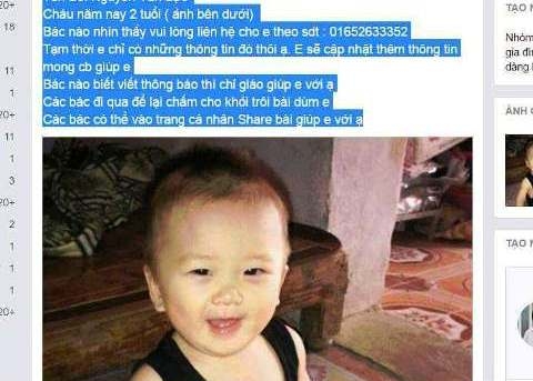 H&igrave;nh ảnh v&agrave; th&ocirc;ng tin ch&aacute;u b&eacute; bị bắt được gia đ&igrave;nh th&ocirc;ng b&aacute;o qua Facebook.
