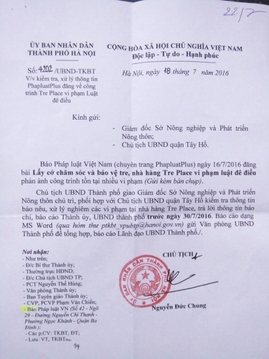 Văn bản chỉ đạo của UBND TP H&agrave; Nội.
