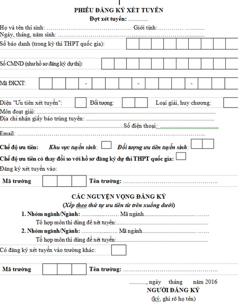 Mẫu phiếu đăng k&yacute; x&eacute;t tuyển ĐH của bộ GD. Vietnamnet
