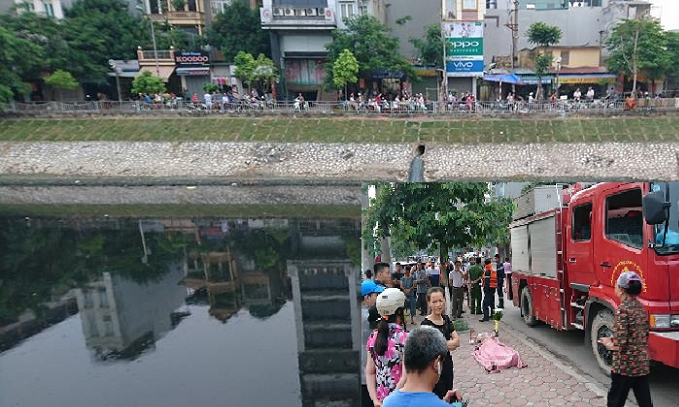 Hiện trường nơi ph&aacute;t hiện thi thể người phụ nữ (ảnh lớn), thi thể người phụ nữ được trục vớt l&ecirc;n bờ (ảnh nhỏ).