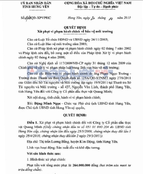 Quyết định xử phạt của UBND tỉnh Hưng Y&ecirc;n với tập đo&agrave;n QMC.