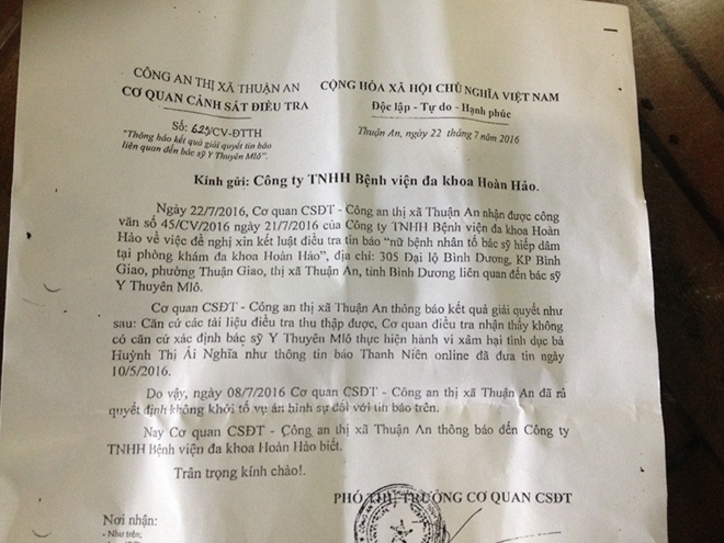 Văn bản trả lời của c&ocirc;ng an thị x&atilde; Thuận An.