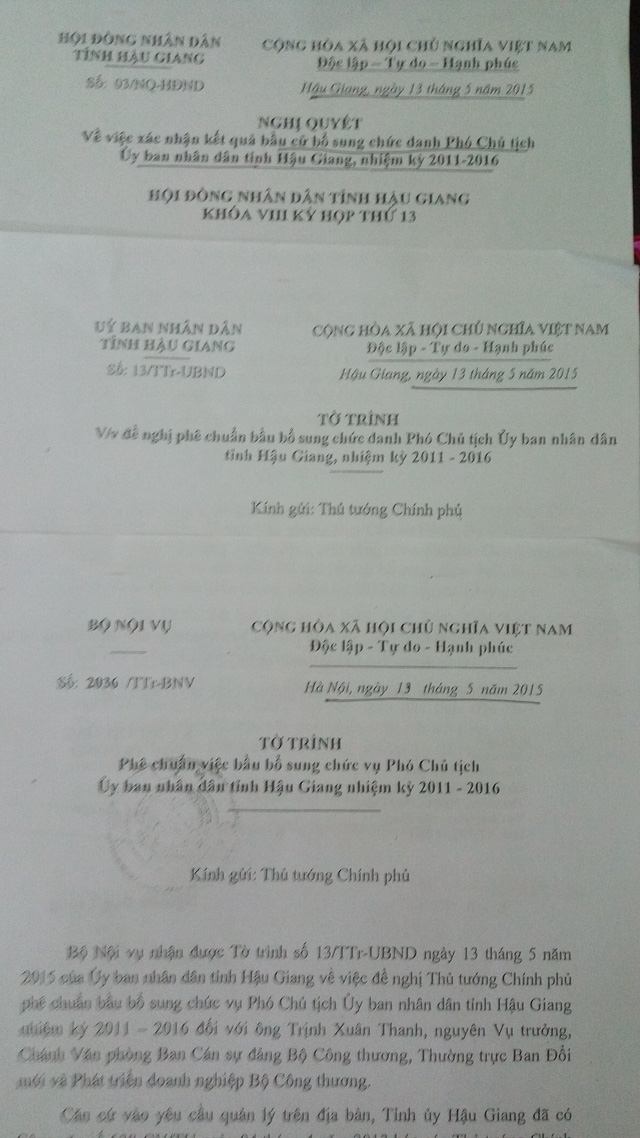 Trong ng&agrave;y 13/5/2015, một loạt văn bản nối nhau để tr&igrave;nh Thủ tướng ph&ecirc; chuẩn &ocirc;ng Trịnh Xu&acirc;n Thanh l&agrave;m Ph&oacute; Chủ tịch UBND tỉnh Hậu Giang