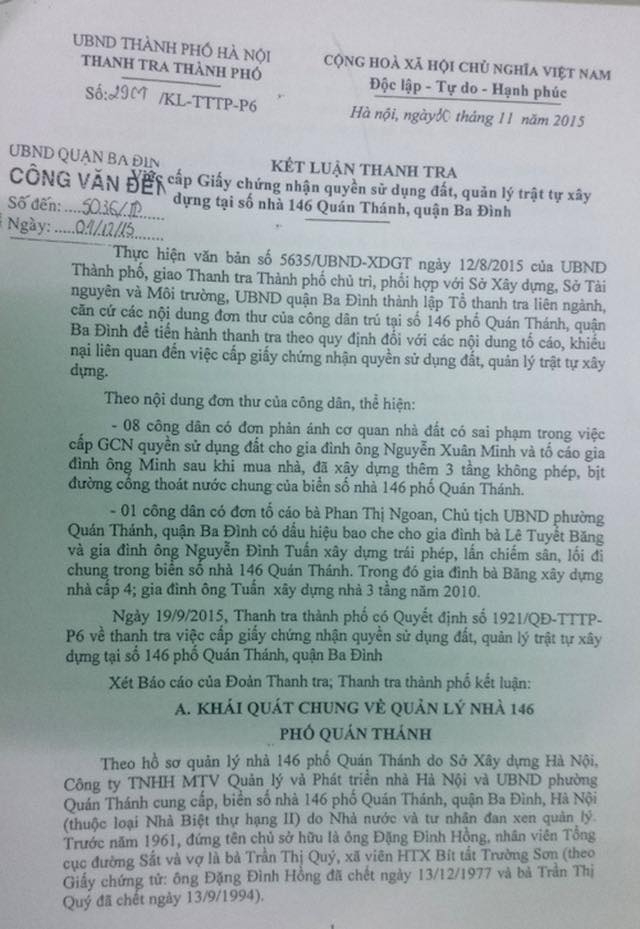 Vụ 146 Qu&aacute;n Th&aacute;nh: Bạn đọc D&acirc;n tr&iacute; đề nghị Đại biểu Quốc hội l&ecirc;n tiếng