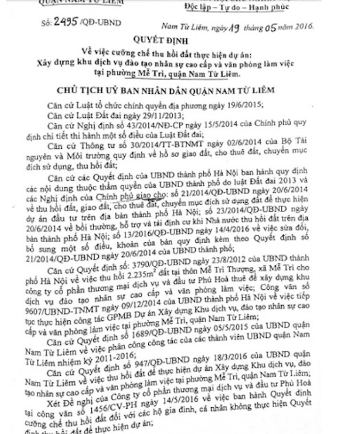Quyết định số 2495/QĐ-UBND về việc cưỡng chế thu hồi đất thực hiện dự &aacute;n.