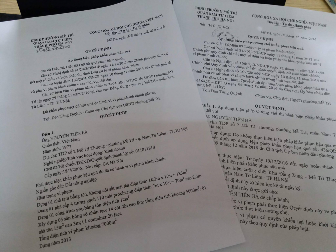 C&aacute;c quyết định về cưỡng chế, khắc phục hậu quả s&acirc;n b&oacute;ng nh&acirc;n tạo của &ocirc;ng Nguyễn Tiến H&agrave;