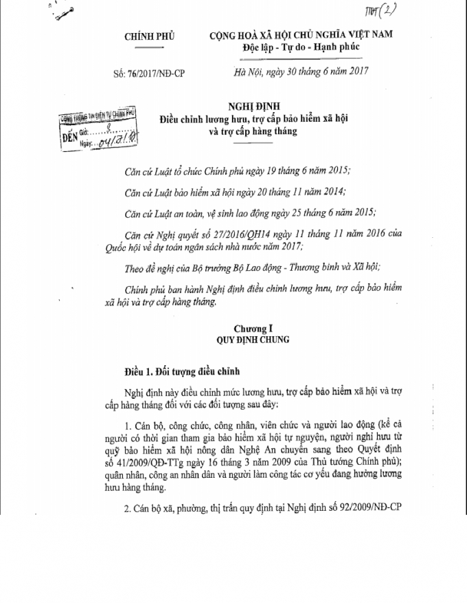 Ảnh chụp một phần nghị định số 76/2017/NĐ-CP về việc điều chỉnh lương hưu, trợ cấp bảo hiểm x&atilde; hội v&agrave; trợ cấp h&agrave;ng th&aacute;ng.