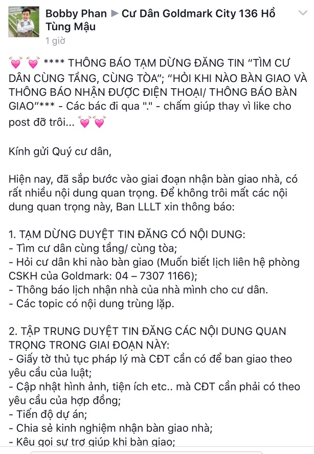 Một admin của một nh&oacute;m cư d&acirc;n th&ocirc;ng b&aacute;o chỉ ưu ti&ecirc;n duyệt những th&ocirc;ng tin ti&ecirc;u cực của dự &aacute;n nhằm mục đ&iacute;ch điều hướng dư luận v&agrave;o lợi &iacute;ch c&aacute; nh&acirc;n của m&igrave;nh.