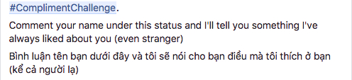#ComplimentChallenge: Thử th&aacute;ch si&ecirc;u hot chỉ với 1 b&igrave;nh luận, bạn sẽ biết mọi người th&iacute;ch g&igrave; ở m&igrave;nh