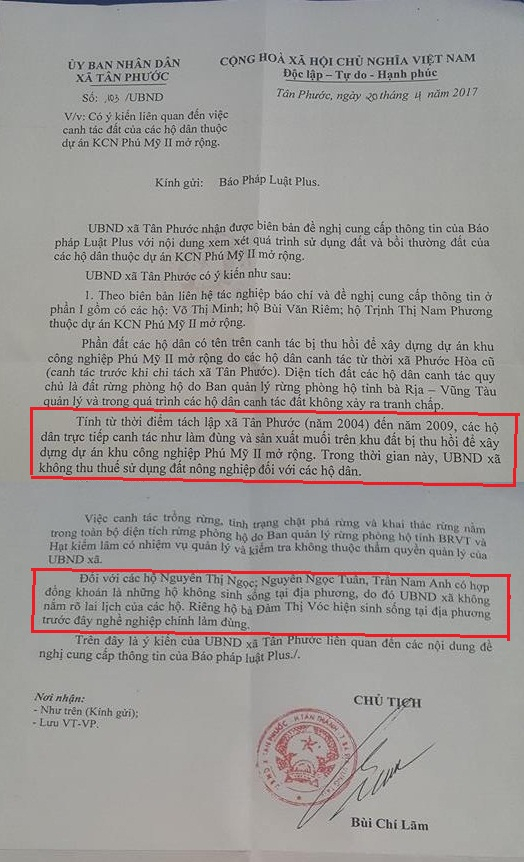 UBND x&atilde; T&acirc;n Phước x&aacute;c nhận việc sử dụng đất của c&aacute;c hộ d&acirc;n.