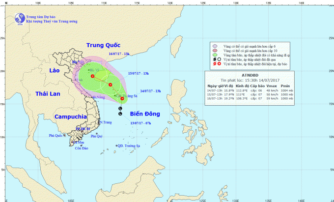 Dự b&aacute;o hướng đi của &aacute;p thấp nhiệt đới tr&ecirc;n biển. Ảnh: nchmf.gov.vn