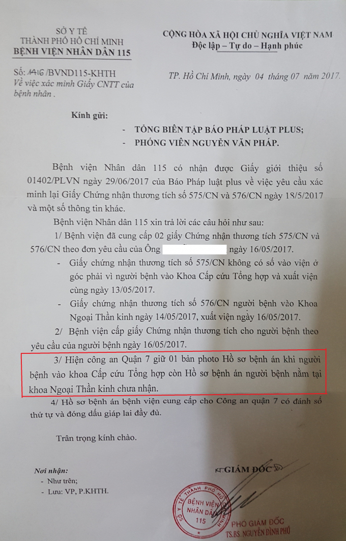 C&ocirc;ng văn ng&agrave;y 04/7/2017 của BV Nh&acirc;n d&acirc;n 115 gửi Ph&aacute;p luật plus.