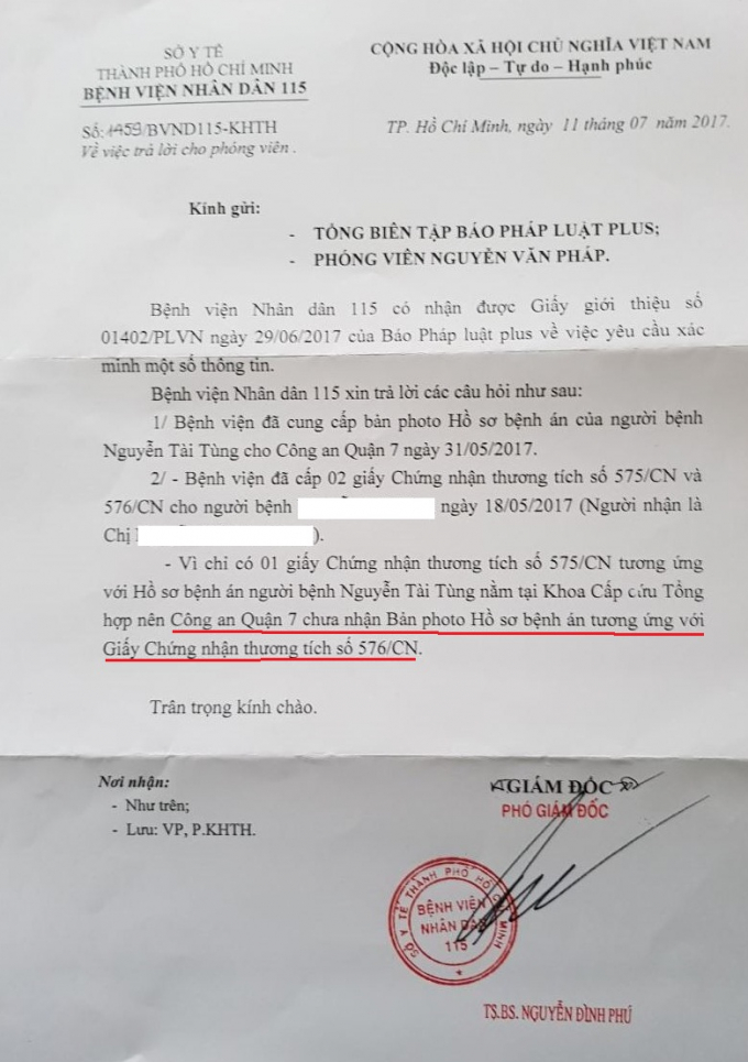 C&ocirc;ng văn ng&agrave;y 11/7/2017 của BV Nh&acirc;n d&acirc;n 115 gửi Ph&aacute;p luật plus vẫn &ldquo;n&eacute;&rdquo; những nội dung cần l&agrave;m r&otilde;.