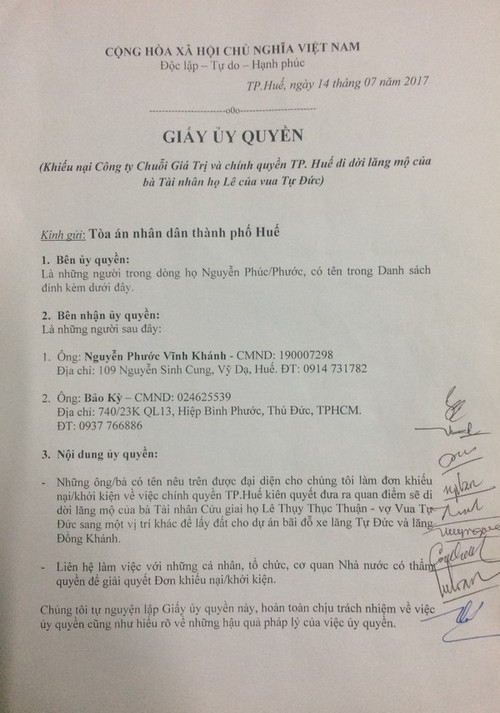 Giấy Ủy quyền cho hai &ocirc;ng Nguyễn Phước Vĩnh Kh&aacute;nh v&agrave; &ocirc;ng Bảo Kỳ.