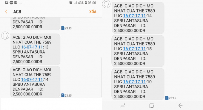 C&aacute;c giao dịch bất thường từ Indonesia gửi về số điện thoại chủ thẻ.