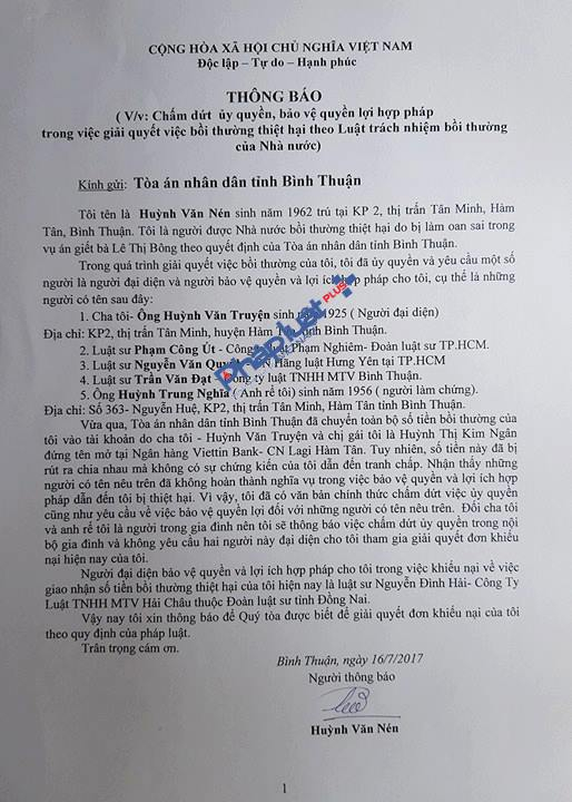 Th&ocirc;ng b&aacute;o chấm dứt uỷ quyền của &ocirc;ng N&eacute;n nộp TAND tỉnh B&igrave;nh Thuận v&agrave; gửi cho những người li&ecirc;n quan.