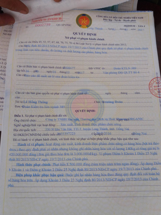 Bi&ecirc;n bản xử phạt vi phạm đối với C&ocirc;ng ty Ho&agrave;i Thương.