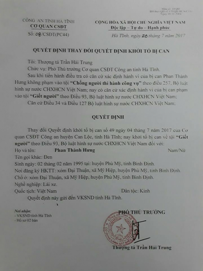 Quyết định thay đổi tội danh từ