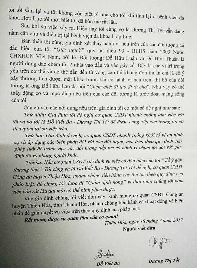 Đơn tố gi&aacute;c của gia đ&igrave;nh &ocirc;ng Ba gửi cơ quan điều tra.