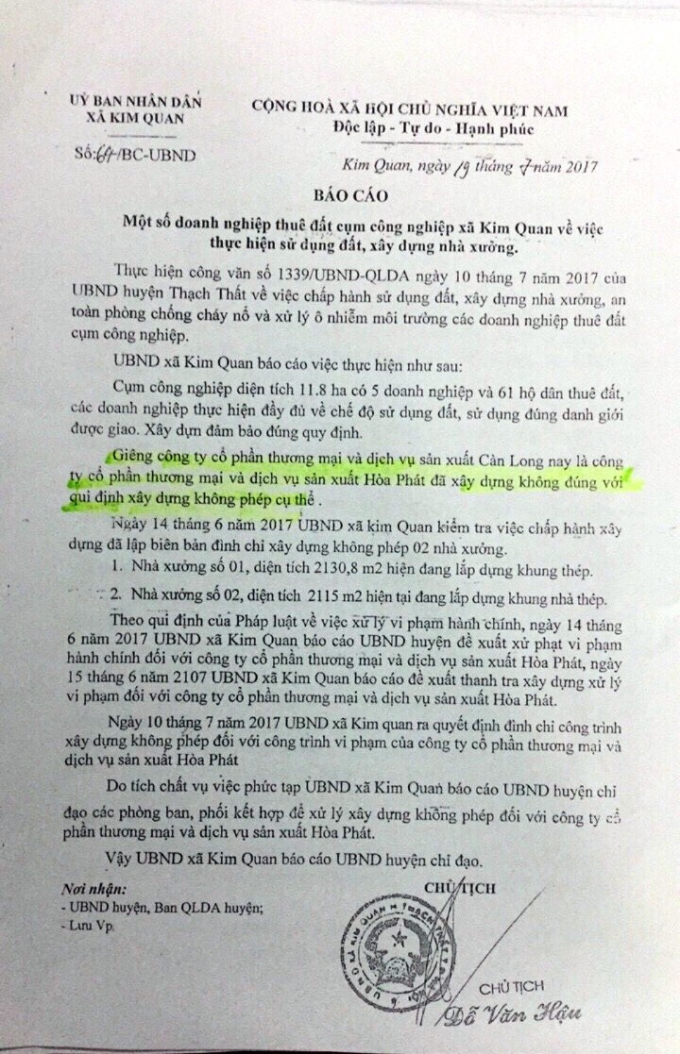 B&aacute;o c&aacute;o của UBND x&atilde; Kim Quan.