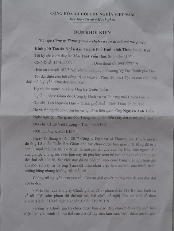 Đơn khởi kiện từ ph&iacute;a Hội đồng trị sự Nguyễn Phước tộc.