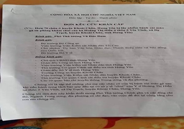 Đơn k&ecirc;u cứu khẩn cấp của c&aacute;c gia đ&igrave;nh c&oacute; con bị s&ugrave;i m&agrave;o g&agrave;.