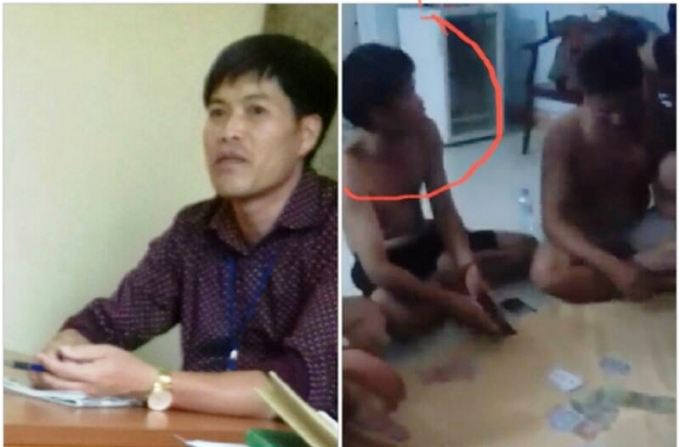 &Ocirc;ng Trần Văn Hợp (ảnh tr&aacute;i) v&agrave; người nghi vấn được cho l&agrave; &ocirc;ng Hợp đang đ&aacute;nh b&agrave;i ăn tiền ở một nh&agrave; nghỉ tại Sầm Sơn (khoanh đỏ).