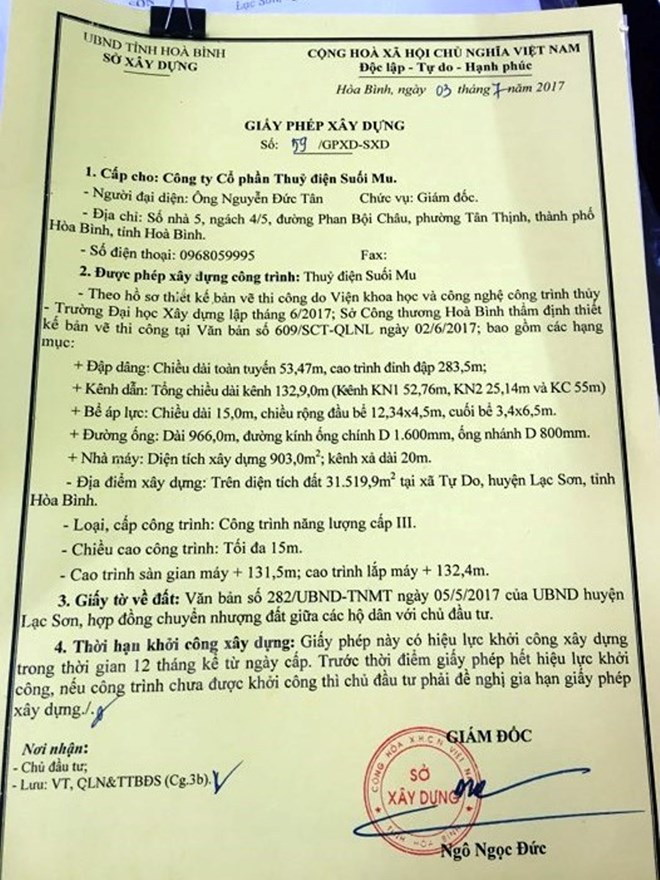 Dự &aacute;n thủy điện Suối Mu thi c&ocirc;ng từ đầu năm 2016, đến ng&agrave;y 3/7/2017 mới c&oacute; Giấy ph&eacute;p x&acirc;y dựng. (Ảnh: H.V/Vietnam+)