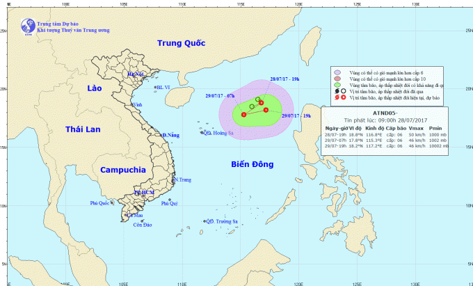 Dự b&aacute;o hướng đi của &aacute;p thấp nhiệt đới tr&ecirc;n biển. Ảnh: nchmf.gov.vn