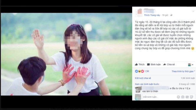 Kim Anh tung tin c&oacute; lễ hội sờ ngực l&agrave;m từ thiện tại c&ocirc;ng vi&ecirc;n 29/3 để c&acirc;u like, thu h&uacute;t kh&aacute;ch.