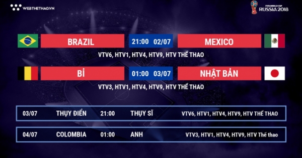 Lịch thi đấu World Cup 2018 hôm nay (2/7)