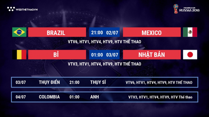 Lịch thi đấu World Cup 2018 h&ocirc;m nay (2/7)