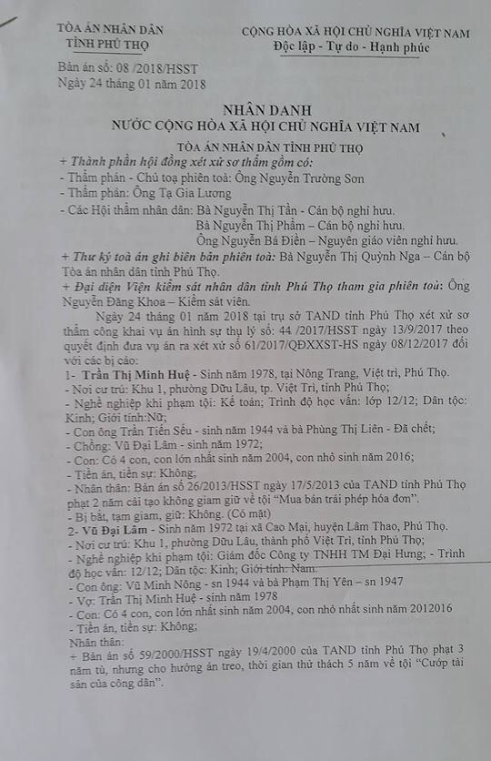 Bản &aacute;n của TAND tỉnh Ph&uacute; Thọ tuy&ecirc;n hai vợ chồng chị Huệ 21 năm t&ugrave;, đ&ocirc;i vợ chồng kh&aacute;ng c&aacute;o v&agrave; k&ecirc;u oan l&ecirc;n TANDTC.